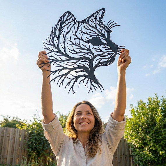 Metal Cat Wall Art – Nature Inspired Tree Silhouette Decor