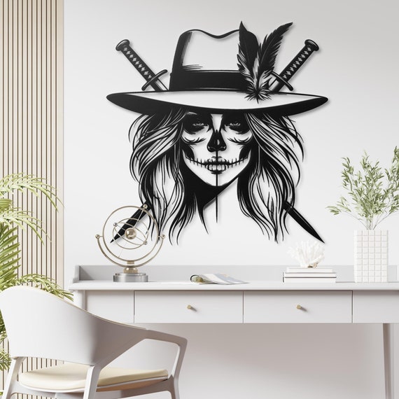 Cowgirl Skull Metal Wall Art | Western Gothic Decor | Samurai Swords Wall Hanging | Unique Home Decoration | Modern Metal Wall Sculpture