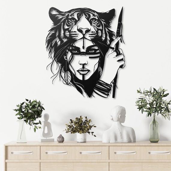 Native American Warrior Metal Wall Art | Tiger Headdress | Indigenous Art | Spiritual Wall Decor | Tribal Artwork | Modern Home Decor