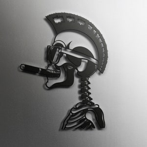 May include: A black and white illustration of a skeleton wearing a mohawk and sunglasses, holding a cigar in its mouth.