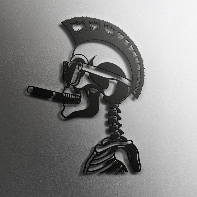 May include: A black and white illustration of a skeleton wearing a mohawk and sunglasses, holding a cigar in its mouth.