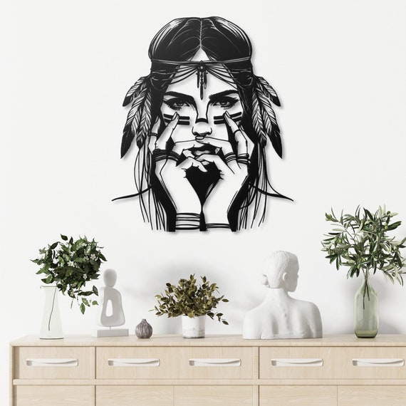 Metal Wall Art Native American Woman Portrait Tribal Boho Wall Decor Feather Headband Female Face Art Indigenous Wall Hanging Home Decor