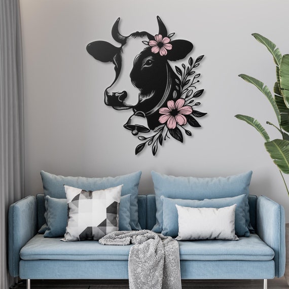 Cow and Flower Metal Wall Art |  Rustic Farmhouse Decor | Metal Wall Hanging | Perfect Gift for Animal Lovers