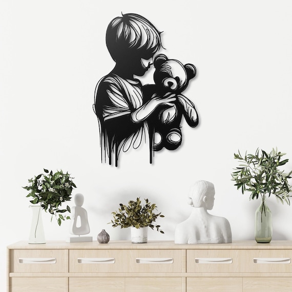 Child and Teddy Bear Metal Wall Art | Heartwarming Kid with Teddy Wall Decor | Cute Nursery Metal Wall Hanging | Unique Baby Room Gift