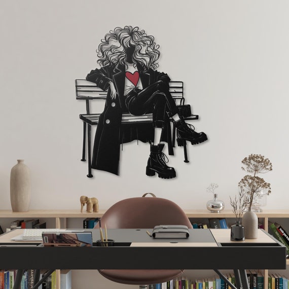 Chic Metal Wall Art - Stylish Woman with Heart Design, Modern Black and White Decor, Fashionable Bench Scene for Home or Office