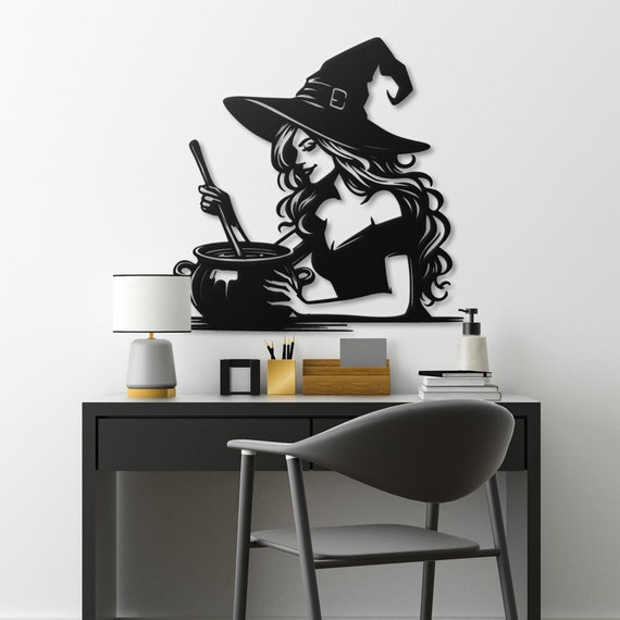 Enchanting Witch Stirring Cauldron | Metal Wall Art for Halloween Décor | Spooky Witchy Wall Decor | Halloween Gift