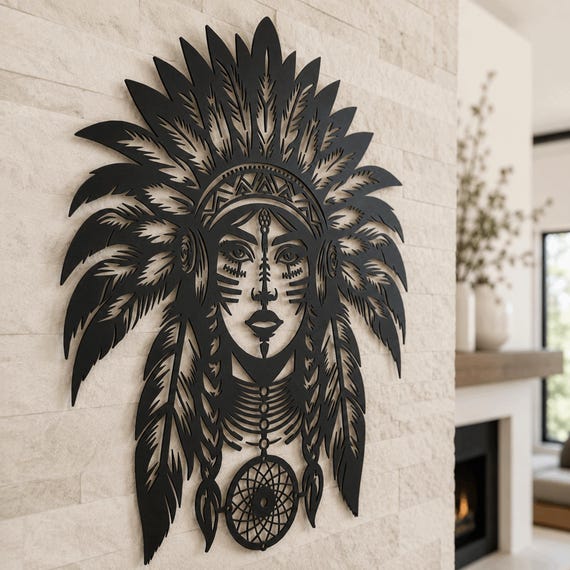 Native American Chief Metal Wall Art: Boho Home Decor