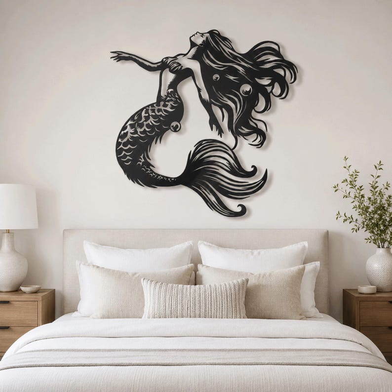 Escultura de pared de sirena de metal para decoración costera del hogar, escultura oceánica imagen 12