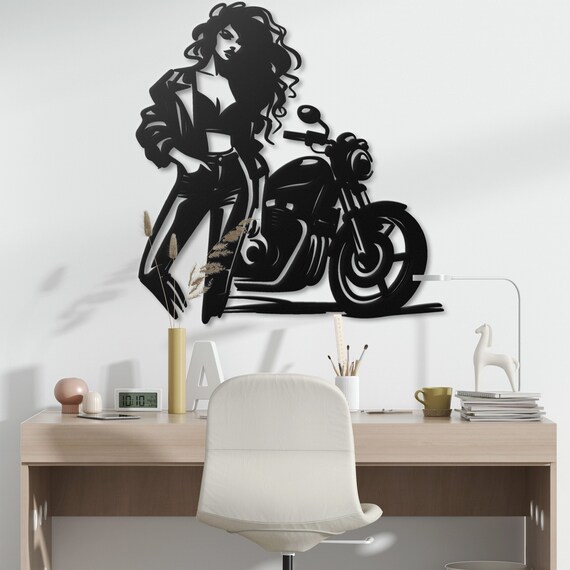 Biker Girl Metal Wall Art, Cool Motorcycle Decor, Edgy Female Rider Sculpture, Bold Metal Wall Hanging, Unique Gift for Biker Lovers
