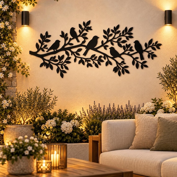 Birds on Branch Metal Wall Art Decor, Metal Bird Silhouette Sculpture Nature Inspired Living Room Wall Hanging Interior Home Decoration ,