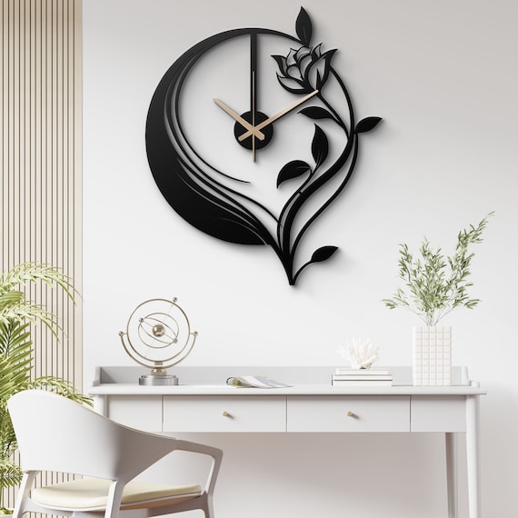 Floral Elegance Metal Wall Clock - Modern Botanical Design - Stylish Home Decor
