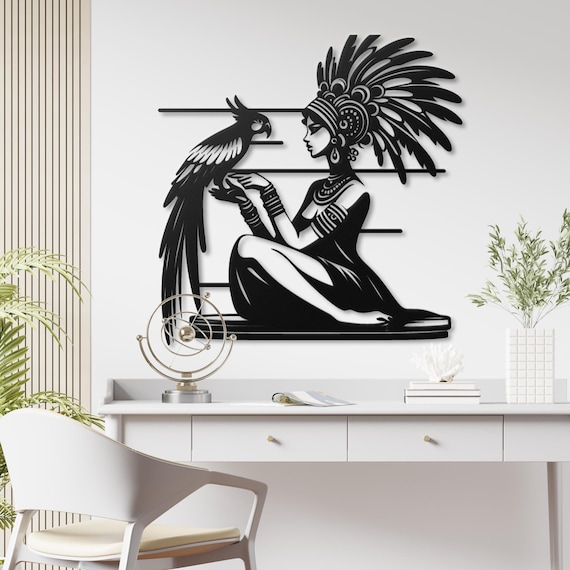Aztec Tribal Woman and Parrot Metal Wall Art - Unique Boho Black Metal Wall Sculpture | Tribal Home Decor for Living Room, Bedroom Office