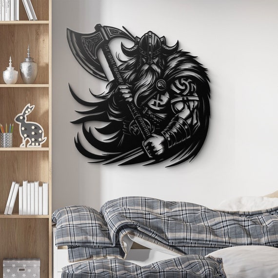 Viking Warrior Metal Wall Art - Norse Decor with Axe and Helmet, Nordic Home Decor, Viking Wall Sculpture, Mythology-Inspired Wall Art