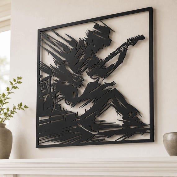 Guitar Soloist Metal Wall Art Rockstar Music Room Decor ,