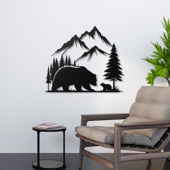 Bear Family in Mountain Forest Metal Wall Art - Rustic Home Decor - Wildlife Silhouette