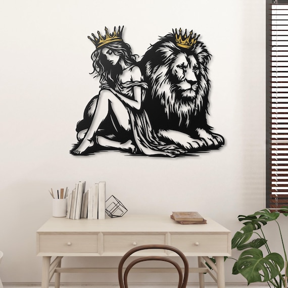 Woman and Lion with Crowns Metal Wall Art – Majestic Home Decor