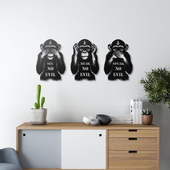 Three Wise Monkeys Metal Wall Art | Three Monkeys Wall Decor Meaningful Quote | Metal Wall Writing