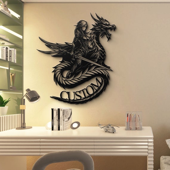 Fierce Female Knight Riding Dragon Metal Wall Art | Unique Custom Fantasy Decor for Home or Office