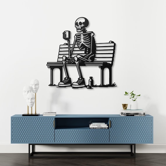 Skeleton Coffee Break Metal Wall Art | Funny Gothic Decor | Halloween Accent | Coffee Lover Gift