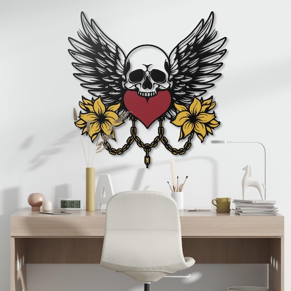 Winged Skull Metal Wall Art | Gothic Home Decor | Skull with Wings | Heart & Flowers | Dark Aesthetic | Ready to Hang