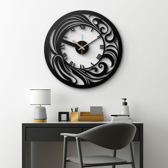 Elegant Black Metal Wall Clock - Swirling Waves Design, Roman Numerals, Modern Home Decor, Unique Wall Art for Living Room, Office, Bedroom