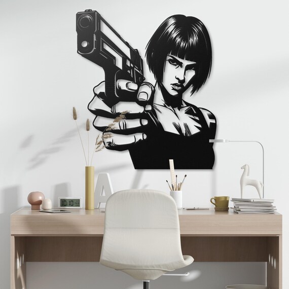 Metal Wall Art Woman with Gun Decor Modern Pop Art Female Portrait Wall Hanging Action Movie Home Theater Room Decoration Black