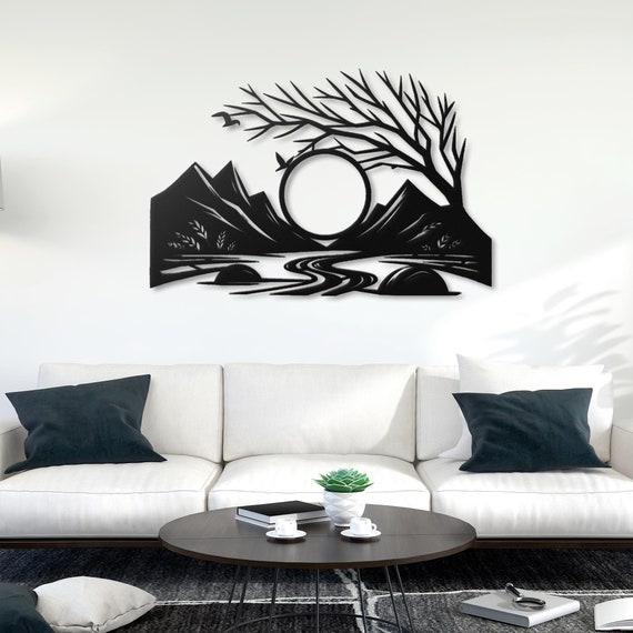 Metal Wall Art Mountain River Scene Nature Wall Decor Moon Landscape Art Minimalist Black Metal Decor Modern Mountain Home Art