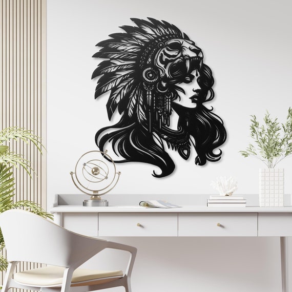 Native American Warrior Woman Metal Wall Art | Boho Tribal Decor | Unique Handcrafted Metal Art
