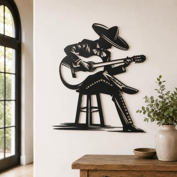 Mariachi Guitarist Metal Wall Art, Mexican Musician Decor