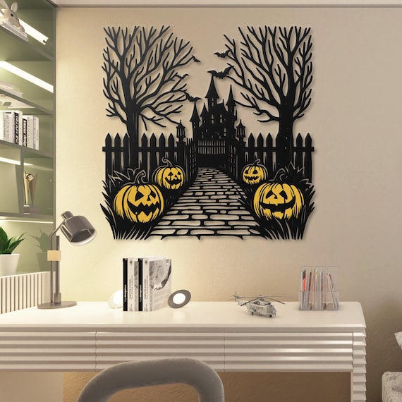 Spooky Haunted Castle Metal Wall Art - Halloween Pumpkin Decor  - Gothic Black Silhouette with Yellow Accents