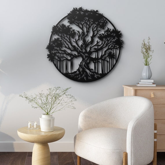 Stunning Circular Tree Metal Wall Art - Intricate Branches and Foliage Design - Elegant Home Decor