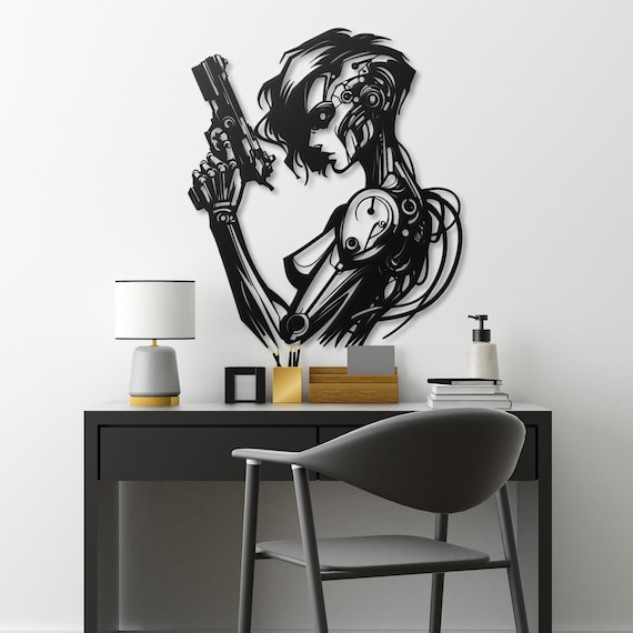 Female Cyborg Metal Wall Art - Futuristic Female Assassin with Gun - Sci-Fi Industrial Decor