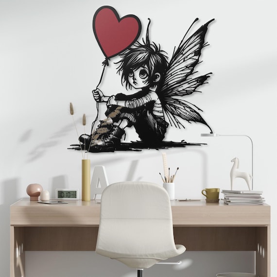 Fairy Metal Wall Art with Heart Balloon | Fantasy Wall Decor | Unique Metal Artwork for Kids Room, Nursery, or Gift