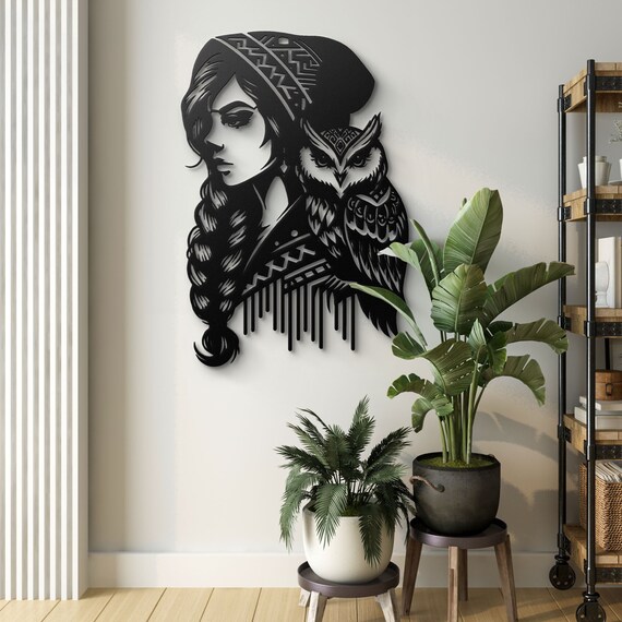 Woman and Owl Metal Wall Art - Boho Nature Décor, Stylish Home Decor Piece, Unique Modern Art, Living Room Accent, Bedroom Ornament