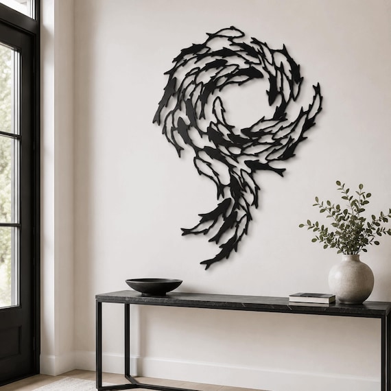 Metal Fish Wall Art Decor, Family of Fish Wall Sign Flock Fish Silhouette Nautical Marine Interior Piece, Sea Inspired Home Office Decor