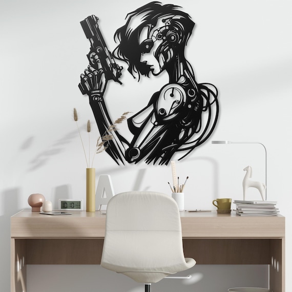 Female Cyborg Metal Wall Art - Futuristic Female Assassin with Gun - Sci-Fi Industrial Decor