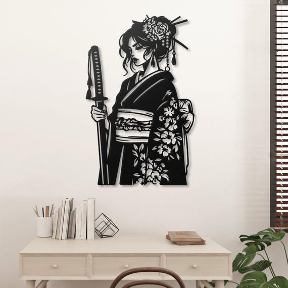 Geisha Samurai Metal Wall Art, Japanese Onna Bugeisha Decor, Female Warrior Katana Sign, Anime Wall Hanging, Asian Zen Art, Gift for Her