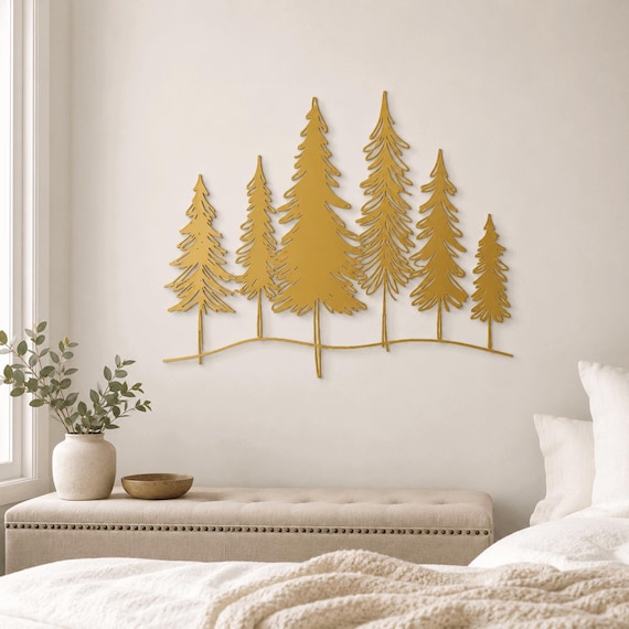 Metal Pine Tree Silhouette Wall Art,  Forest Landscape Wall Decor, Indoor/Outdoor Metal Sculpture ,
