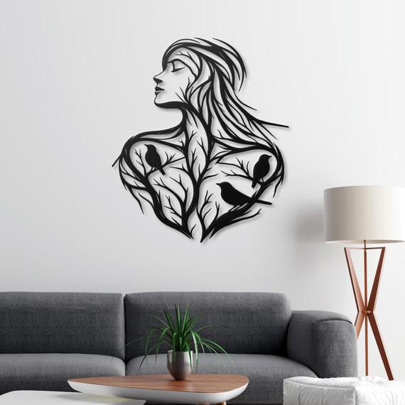 Modern Metal Wall Art - Tree of Life Woman Silhouette with Birds | Unique Nature-Inspired Home Decor | Black Metal Art for Living Room,