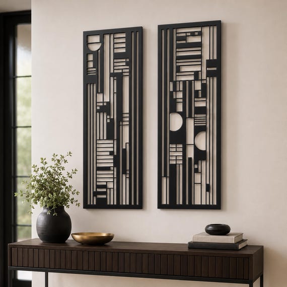 Mid Century Modern Metal Wall Art : Set Geometric Urban Decor,