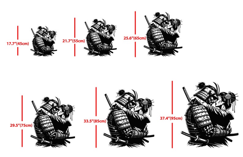 May include: Black and white illustration of a samurai warrior and a woman embracing. The image is available in various sizes, ranging from 17.7 inches to 37.4 inches.