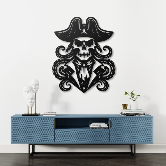 Skeleton Pirate Captain Metal Wall Art Octopus Art Man Cave Decor Game Room Wall Art Fantastic Wall Decor Gamer Gift Halloween Decor