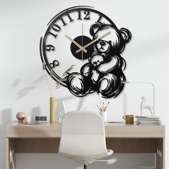 Adorable Teddy Bear Wall Clock for Kids Room - Unique Metal Wall Art Clock with Cute Bear Design, Nursery Decor, Baby Shower Gift