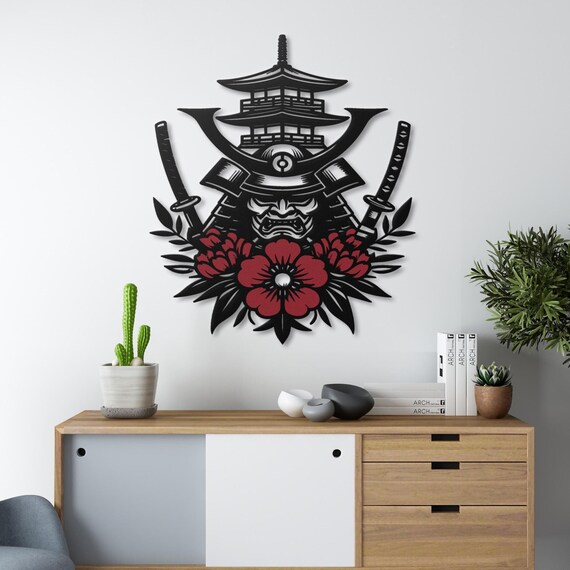 Samurai Warrior Metal Wall Art with Pagoda |  Japanese Sword Decor for Home | Unique Metal Art Piece
