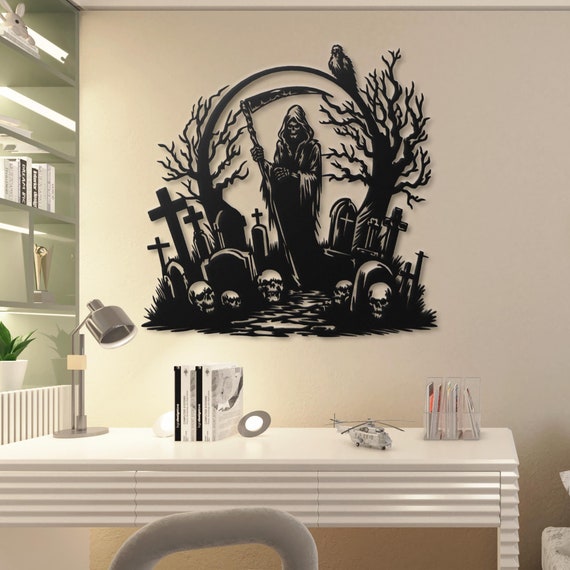 Grim Reaper Metal Wall Art - Gothic Cemetery Decor, Unique Halloween Home Decor