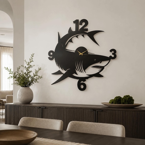 Shark Metal Wall Clock, Ocean Wall Decor, Nautical Coastal Wall Art, Beach House Bathroom Decor, Shark Lover Gift for Kids Room