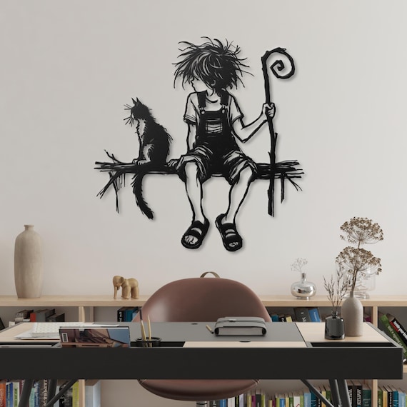 l Child & Cat Silhouette Metal Wall Art - Rustic Home Decor, Kids Room Wall Art, Metal Art for Nature Lovers, Unique Gift Idea