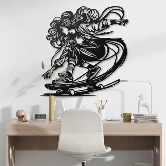 Skater Girl Metal Wall Art | Modern Skater Metal Artwork | Skateboard Decor for Teens | Cool Metal Wall Art for Living Room