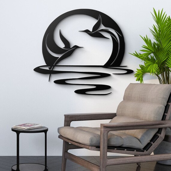 Minimalist Metal Wall Art Depicting Sun, Sea, and Birds – Ideal for Modern and Coastal Decor
