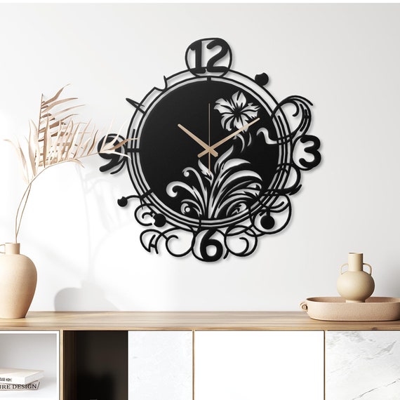 Elegant Black Metal Wall Clock - Floral Swirl Design, Artistic Home Decor, Unique Wall Art for Living Room, Office, Bedroom